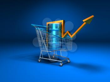 Royalty Free 3d Clipart Image of a Shopping Cart With a Blue Background and an Oil Can