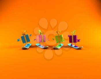 Royalty Free 3d Clipart Image of Shiny Gifts on Snowboards