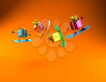 Royalty Free 3d Clipart Image of Shiny Gifts on Snowboards