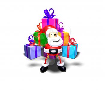 Royalty Free 3d Clipart Image of Santa Standing in Front of a Large Pyramid of Gifts