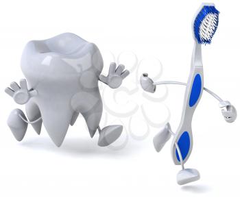 Royalty Free Clipart Image of a Tooth Chasing a Toothbrush