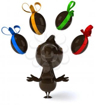 Royalty Free Clipart Image of a Chocolate Chicken Juggling Chocolate Eggs