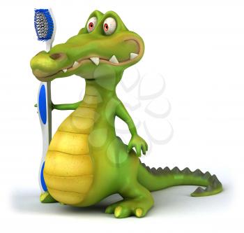 Royalty Free Clipart Image of a Gator With a Toothbrush