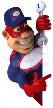 Royalty Free Clipart Image of a Superhero Mechanic