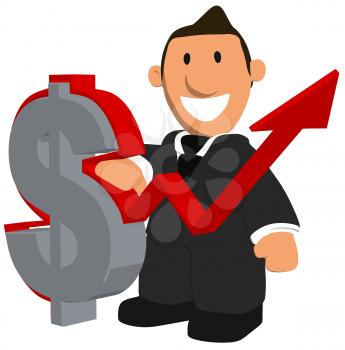 Royalty Free Clipart Image of a Businessman With a Dollar Sign and Rising Arrow