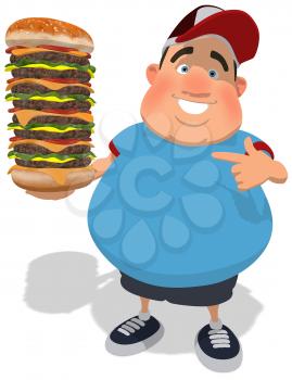 Royalty Free Clipart Image of a Guy Pointing to a Big Cheeseburger