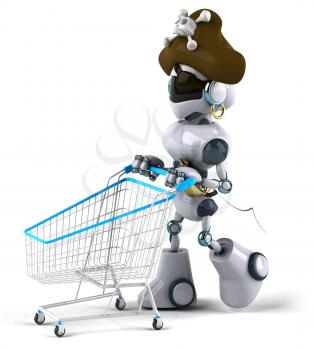 Royalty Free Clipart Image of a Pirate Robot With a Shopping Cart