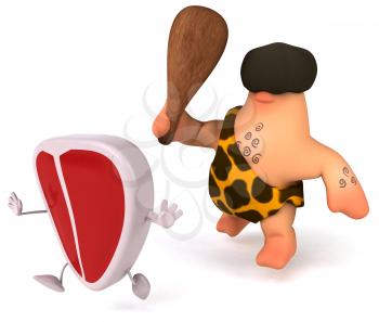 Royalty Free Clipart Image of a Caveman Chasing a Steak