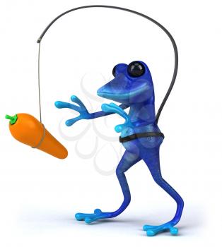 Royalty Free Clipart Image of a Frog With a Carrot Dangling in Front of It