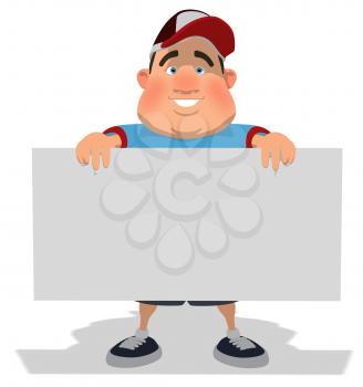 Royalty Free Clipart Image of an Overweight Man Holding a Sign