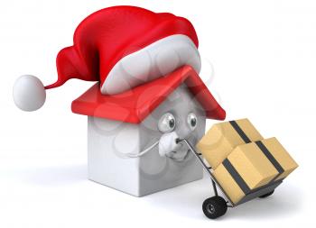 Royalty Free Clipart Image of a House in a Santa Hat Moving Boxes