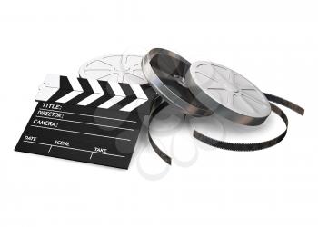 Royalty Free Clipart Image of Film Reels and a Clapper Board