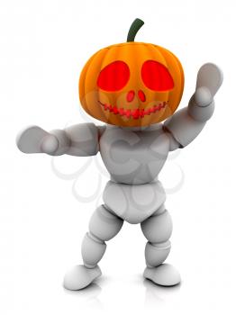 Royalty Free Clipart Image of a 3D Person Wearing a Pumpkin Head