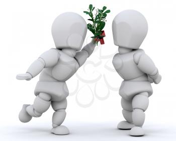 Royalty Free Clipart Image of a Couple Kissing Under Mistletoe