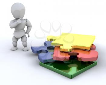 Royalty Free Clipart Image of a Person By a Stack of Puzzle Pieces