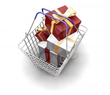 Royalty Free Clipart Image of a Shopping Basket Full of Presents