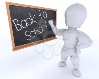 3D render of a man with school chalk board back to school