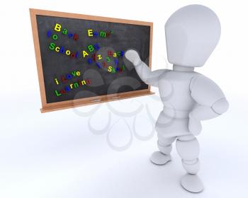 3D render of a man with school chalk board back to school