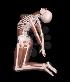 3D render of a female medical skeleton in a yoga position