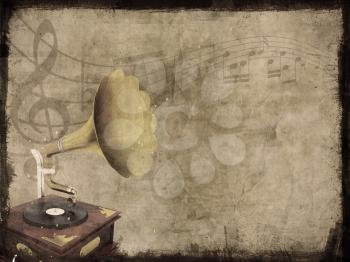 Dirty grunge background with old gramophone and music notes