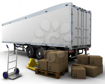 3D render of freight trailer and shipping boxes