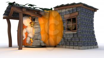 3D Render of Man in Halloween Pumpkin Cottage