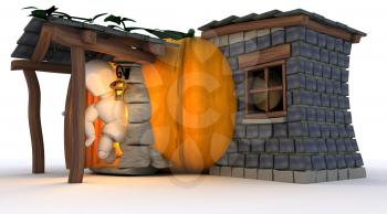 3D Render of Man in Halloween Pumpkin Cottage