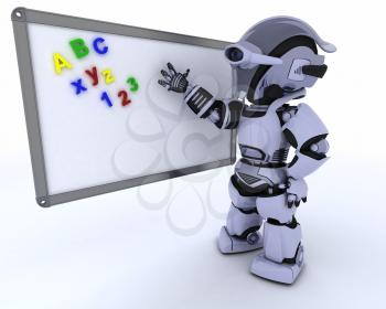 3D render of a Robot with White class room drywipe marker board