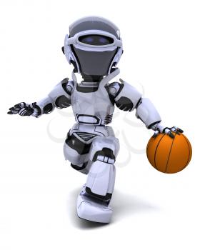 3D render of a Robot playing basketball