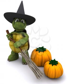 3D Render of a tortoise dressed as a witch for halloween