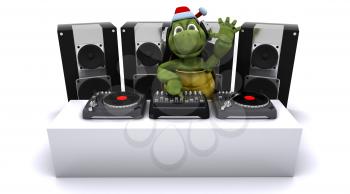 3D render of a Christmas tortoise DJ mixing records on turntables