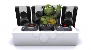 3D render of a tortoise DJ mixing records on turntables