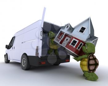 3D render of a tortoises loading a house into a house into a van