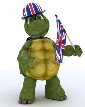 3D render of Tortoise in Union Jack Hat with Flag