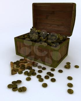 3D render of Treasure chest full of gold coins with map and key