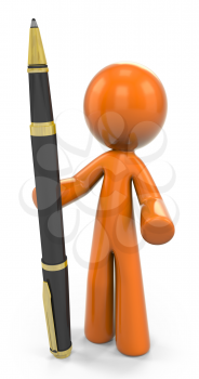 Royalty Free Clipart Image of an Orange Guy Standing Beside a Pen