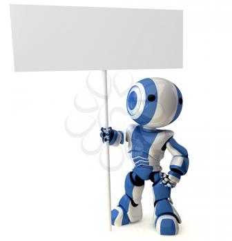 A glossy robot standing holding a sign. Area on sign left blank for your own design.