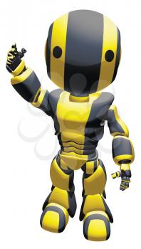 A 3d robot waving happily at the viewer. 