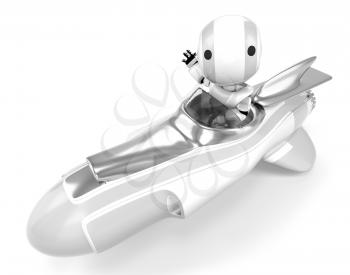 A robot in a hover rocket waving at the viewer viewed from the side. 