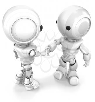 Two robots, slightly different in appearance, shaking hands. Good concept in teamwork or diversity. 