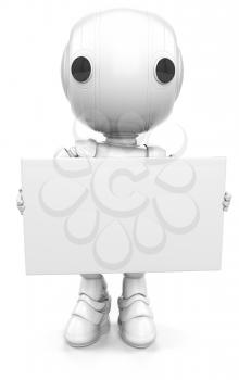 A robot holding a sign. Or it could be a business card if you consider his scale to be small!