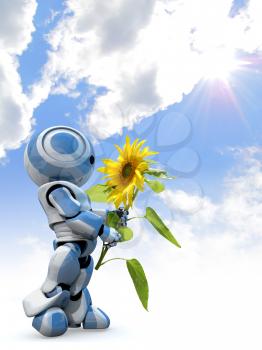 A glossy reflective 3d robot looking in awe at a large sunflower while standing in front of a cloudy sky.