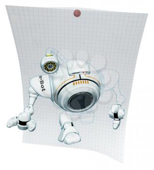 Royalty Free Clipart Image of a A 3d robot web cam emerging from graph paper with technical drawings behind him.