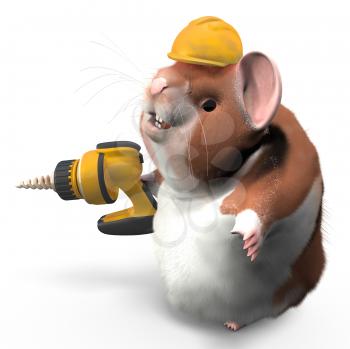 A professional hamster with a drill and hard hat ready to work. 