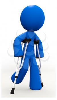 Royalty Free Clipart Image of a Blue Man Walking with Crutches