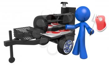 Royalty Free Clipart Image of a Blue Man Barbecuing Steaks