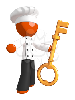 Orange Man Chef Holding Large Key Facing Audience