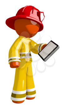 Orange Man Firefighter Using Phone