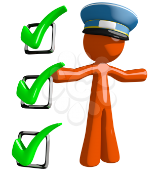 Orange Man postal mail worker  Presenting Green Checkmark List