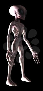 Grey alien full body side view lightened isolated on black